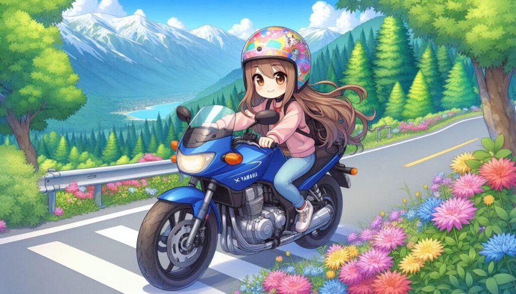 青いYAMAHA XJRに乗る女の子